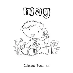Coloring page of May with a child sitting among spring flowers