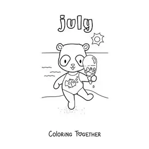 Coloring page of July with an animated panda at the beach in summer