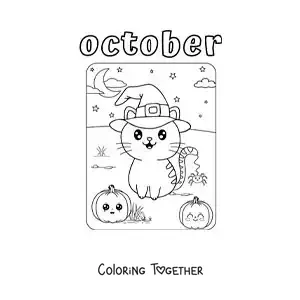 Coloring page of October with an animated cat on Halloween
