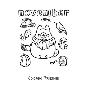 Coloring page of November with an animated cat in autumn