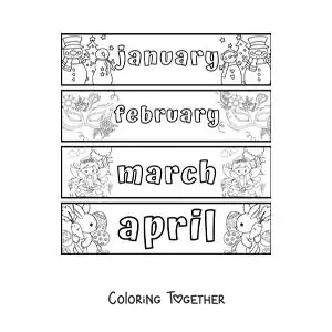 Coloring page of kids flashcards with the months in English from January to April
