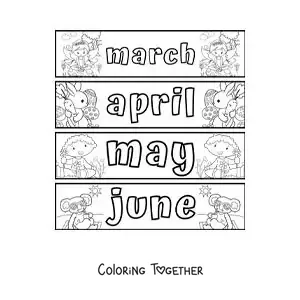 Coloring page of kids flashcards with the months in English from March to June