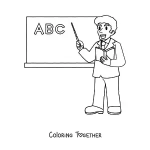 Coloring page of a teacher teaching in front of the board