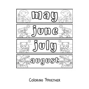 Coloring page of kids flashcards with the months in English from May to August