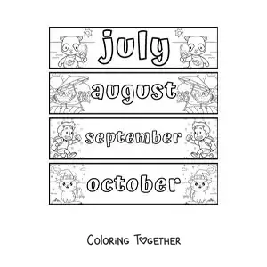 Coloring page of kids flashcards with the months in English from July to October
