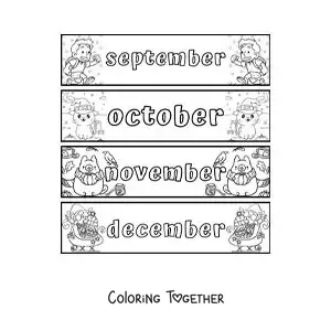 Coloring page of kids flashcards with the months in English from September to December