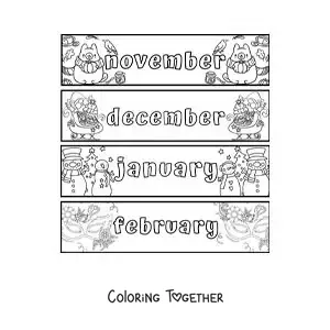 Coloring page of kids flashcards with the months in English from November to February