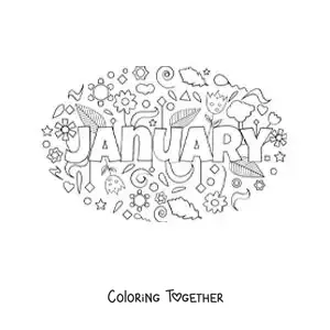 Coloring page of January in English with flowers
