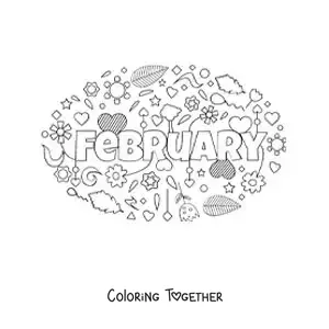 Coloring page of February in English with flowers