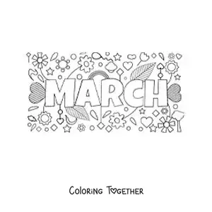 Coloring page of March in English with flowers