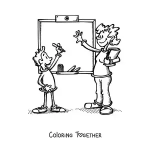 Coloring page of a teacher and a student next to the board