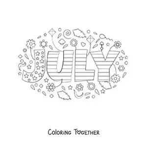 Coloring page of July in English with flowers