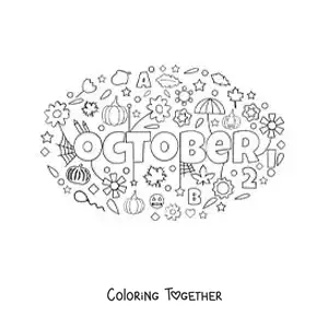 Coloring page of October in English with flowers