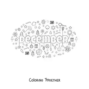 Coloring page of December in English with flowers