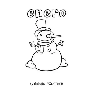 Coloring page of January with an animated snowman