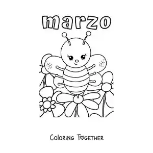 Coloring page of March with an animated bee in spring