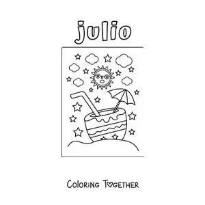 Coloring page of July with an animated sun in summer