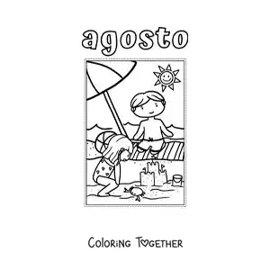 Coloring page of August with kids on vacation at the beach