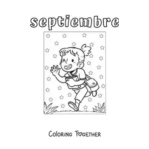 Coloring page of September with a girl on the way to school