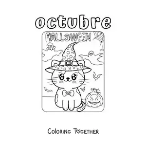 Coloring page of October with a cute cat on Halloween
