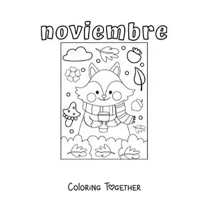 Coloring page of November with an animated fox in autumn