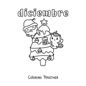 Coloring page of December with Santa and a unicorn on the little tree