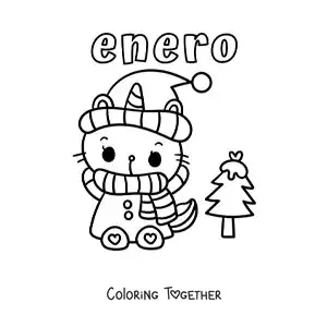 Coloring page of January with a bundled-up kitten and a snowy pine