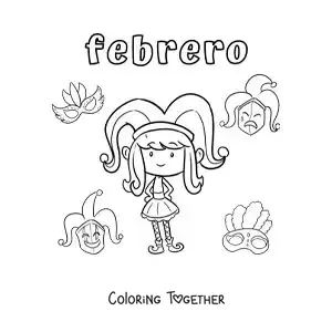 Coloring page of February with a girl at Carnival
