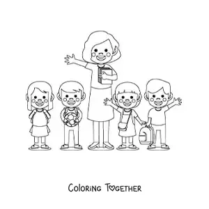 Coloring page of a teacher with several primary school students
