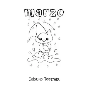 Coloring page of March with an animated duck in the rain