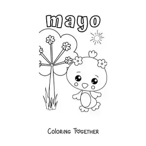 Coloring page of May with an animated bird in spring