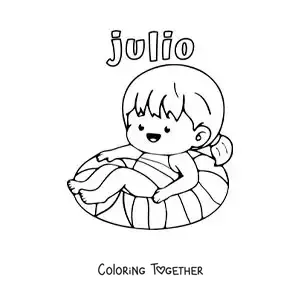 Coloring page of July with a girl in the pool