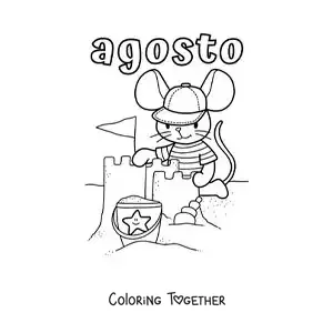 Coloring page of August with a cartoon mouse building a sandcastle