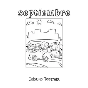 Coloring page of September with a school bus