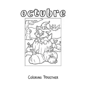 Coloring page of October with a cartoon cat on Halloween