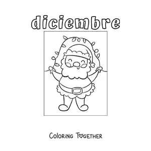 Coloring page of December with Santa and decorative lights