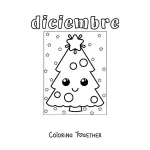 Coloring page of December with a cartoon Christmas tree