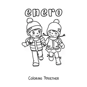 Coloring page of January with two kids in winter clothes