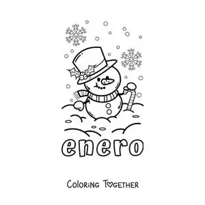 Coloring page of January with a cartoon snowman