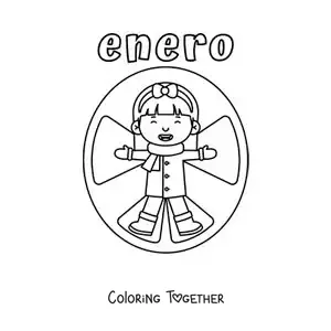 Coloring page of January with a girl making a snow angel