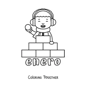 Coloring page of January with a boy playing in the snow