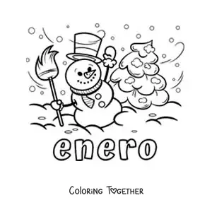 Coloring page of January with a cartoon snowman and a pine tree