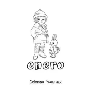 Coloring page of January with a girl in winter clothes