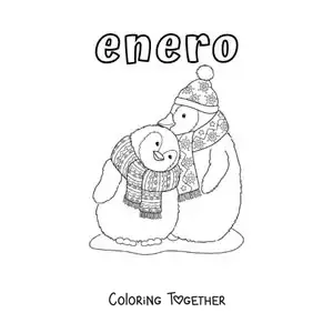 Coloring page of January with penguins wearing scarves