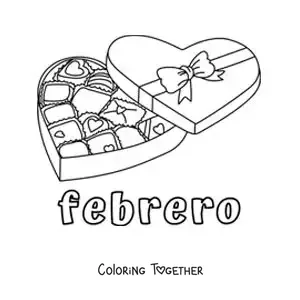 Coloring page of February with a box of Valentine's Day chocolates