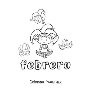 Coloring page of February with a child at Carnival