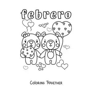 Coloring page of February with two Valentine's Day bears in love