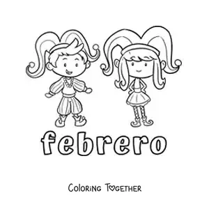 Coloring page of February with two children at Carnival