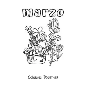 Coloring page of March with flowers and a butterfly