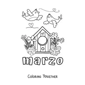 Coloring page of March with birds and flowers